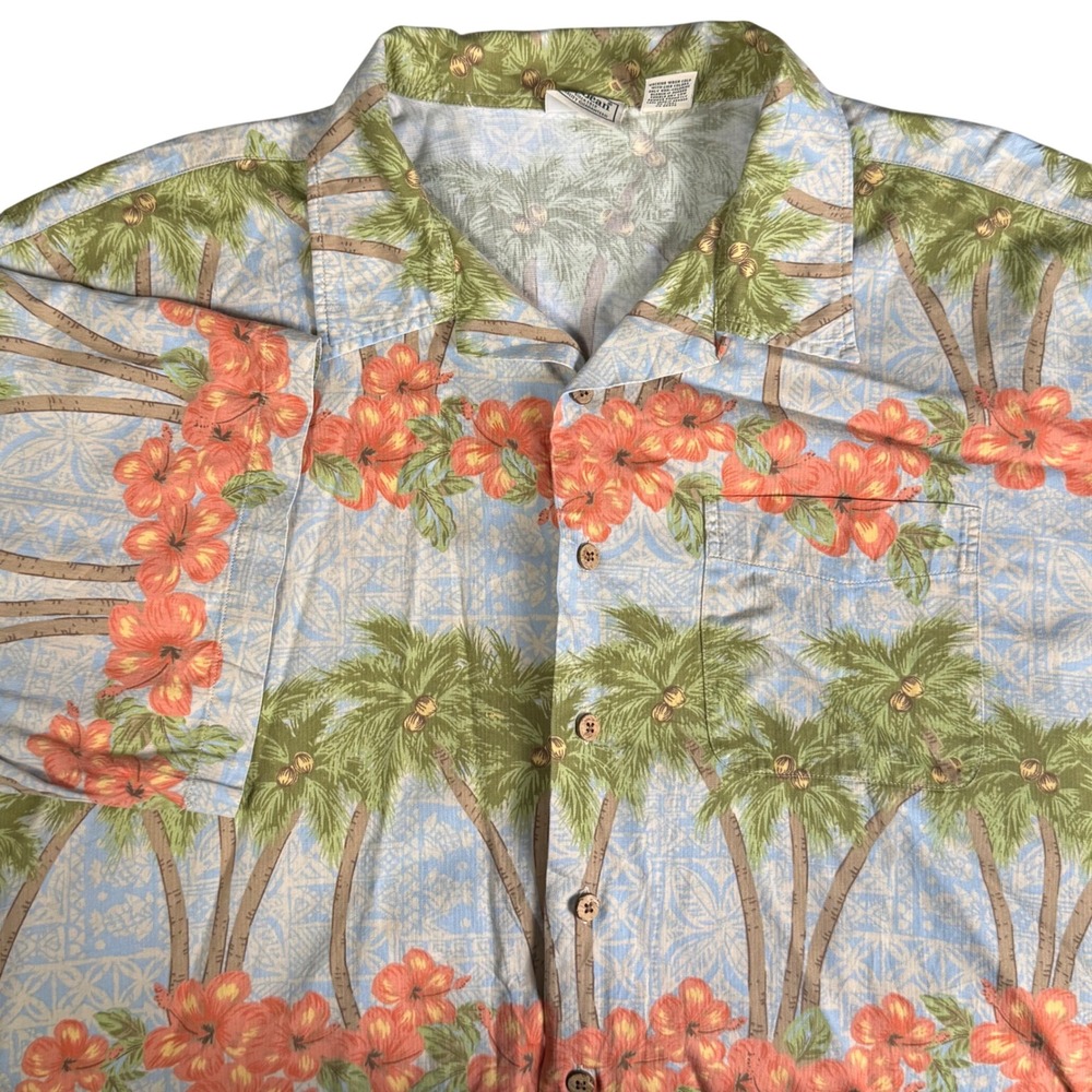 LL Bean Mens XXL Hawaiian Camp Shirt Tropical Palm Tree Hibiscus Floral Cotton